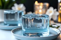 Elegant blue glass candle holder on white ceramic plate with soft bokeh lights and orchid flowers creating serene spa atmosphere. Perfect for wellness decor.