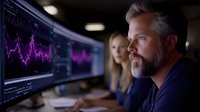 Mature bearded businessman analyzing financial charts on multiple screens in dark office. Young female colleague working in background on market data analysis.