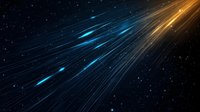 Abstract cosmic background with glowing blue and golden light streaks moving through starry space, creating dynamic motion trails and energy flow patterns.