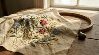 Vintage embroidery hoop with floral needlework project featuring colorful flowers on cream fabric, traditional handicraft hobby on wooden surface.