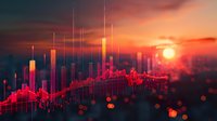 Glowing red upward trending stock market chart overlaid on city skyline at sunset, representing financial growth, investment success, and bullish market conditions for business presentations.