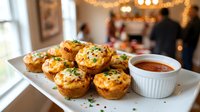 Golden baked egg muffins with herbs and vegetables served on white plate with dipping sauce in cozy restaurant setting for breakfast brunch menu.