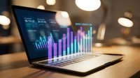 Business analytics dashboard with colorful data visualization charts on laptop screen for financial reporting and market analysis presentations.