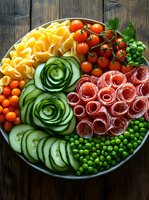 Fresh appetizer platter with rolled salami, cucumber roses, cherry tomatoes, cheese, and green peas arranged in artistic pattern on rustic wooden background.