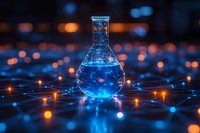 Laboratory flask with glowing blue liquid on dark background with orange bokeh lights and connected dots pattern creating futuristic science concept.