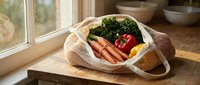 Fresh organic vegetables in eco-friendly reusable mesh shopping bag on wooden kitchen counter by sunny window for sustainable zero waste lifestyle.
