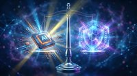 Digital justice scales balancing CPU chip and cyber security shield with glowing effects on cosmic background for technology law concepts.