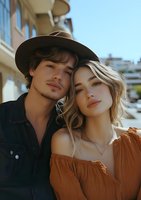 Young romantic couple in stylish outfits pose together outdoors in warm sunlight. Woman in orange off-shoulder dress and man in black hat create intimate portrait.