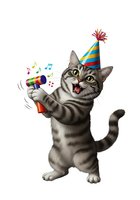 Tabby cat wearing colorful party hat holding noisemaker, celebrating with musical notes on white background. Isolated clipart suitable for greeting cards, invitations, t-shirts.