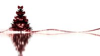 Minimalist red Christmas tree with reflection on white snowy surface, decorated with lights and ribbon creating serene winter holiday atmosphere.