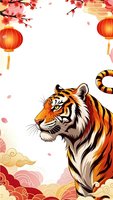 Chinese New Year tiger with red lanterns and cherry blossoms on white background. Traditional Asian zodiac animal design for lunar celebration greeting cards.