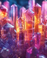 Glowing crystal formations in vibrant orange and purple hues against dark background, with translucent pointed structures creating magical mineral landscape.