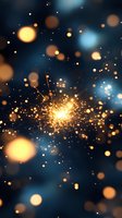 Glowing sparkler emitting bright golden sparks against dark blue background with magical bokeh lights, creating festive holiday atmosphere.