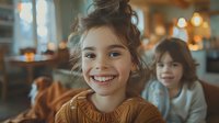 Cheerful young girl with bright smile wearing brown knitted sweater in cozy restaurant interior with warm lighting, perfect for family lifestyle and happiness advertising concepts.