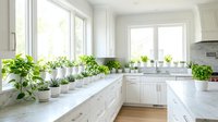 Bright modern kitchen with white cabinets, marble countertops and abundant green plants on windowsills creating fresh natural home interior design.
