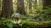 Crystal sphere resting on moss-covered fallen log in lush forest with towering trees and ferns creating magical woodland atmosphere for meditation concepts.