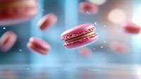 Pink macarons floating in air with water drops against blurred blue background, creating dreamy atmosphere for pastry and confectionery advertising.