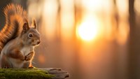 Red squirrel sitting on mossy log during golden hour sunset in forest with warm bokeh background creating peaceful wildlife scene.
