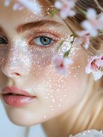 Close up portrait of young blonde woman with blue eyes and glitter makeup near blooming spring flowers, soft beauty fashion photography style.