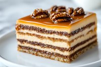 Layered caramel cake slice with chocolate cream, vanilla custard, and pecan nuts on top served on white plate. Close up view of sweet dessert with soft focus.