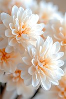 Delicate white dahlias with soft peach centers in macro photography, showing layered petals against blurred background. Suitable for wedding and romantic designs.