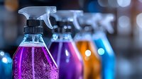 Colorful cleaning spray bottles with glittery liquid contents in pink, purple, and blue against blurred bokeh background, showcasing household products.