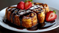 Sliced brioche French toast topped with chocolate sauce and powdered sugar, served with fresh strawberries on white plate.