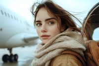 Young woman in beige scarf and leather jacket at airport with airplane in background, wind blowing through brown hair, natural makeup look, travel lifestyle portrait.