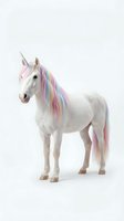 White unicorn with pastel pink, purple, and rainbow mane and tail, isolated on white background. Suitable for children's designs, fantasy illustrations, and creative projects.