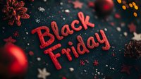 Red glittery Black Friday text with Christmas decorations, baubles and stars on dark background with bokeh lights creating festive holiday shopping atmosphere.