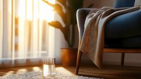 Glass of milk on wooden floor near cozy armchair during sunset, warm sunlight through curtains creates peaceful atmosphere in minimalist living room interior.