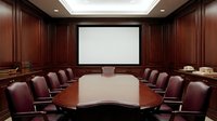 Executive boardroom with mahogany wood paneling, leather chairs around oval conference table, and projection screen for corporate meetings.