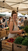 Happy young Caucasian woman vendor selling fresh organic vegetables at farmers market stall wearing apron and smiling while holding carrots under tent canopy.