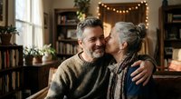 Mature Caucasian couple sharing intimate moment in cozy home library with warm lighting and festive decorations during holiday season.