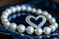 Pearl bracelet with silver heart-shaped crystal brooch on dark background, elegant jewelry accessory for romantic occasions and wedding celebrations.