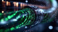 Macro shot of camera lens with green light bokeh effects and digital data visualization, representing modern photography and technology advancement.