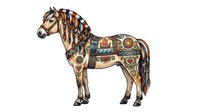 Ornate horse with decorative saddle and tack featuring gold accents, jeweled embellishments, and traditional equestrian gear. Isolated on white background, ready for design projects.