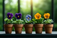 Row of colorful pansy flowers in terracotta pots on windowsill against blurred green garden background, showing gradient from purple to orange blooms.
