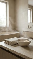 Spa bathroom with folded towels and bowl of floating flowers on marble counter, bathtub and sink visible, natural light from windows, relaxation and wellness setting.