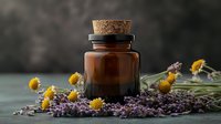 Amber glass bottle with cork stopper surrounded by dried yellow chamomile and purple lavender flowers on dark background, moody aromatherapy composition.