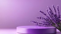 Purple round podium with lavender flowers on gradient background, minimal product display platform for cosmetics, spa or beauty presentation.