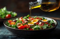 Fresh mixed greens salad with cherry tomatoes and hard-boiled eggs being drizzled with golden olive oil from glass bottle on dark rustic background.