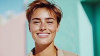 Young Caucasian woman with bright genuine smile and short brown hair against turquoise wall in sunlight, radiating happiness and confidence in casual attire.