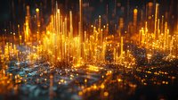 Glowing golden light pillars rising from digital cityscape, abstract futuristic technology background with bokeh effect and illuminated data visualization.