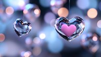 Floating transparent heart shapes with pink inner glow against blurred bokeh background in blue and gold tones create romantic atmosphere for Valentine's Day designs.