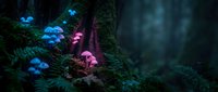 Glowing bioluminescent mushrooms in dark enchanted forest with neon blue and pink lights creating magical fairy tale atmosphere for fantasy designs.