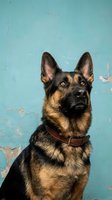 German Shepherd dog portrait with leather collar against weathered turquoise wall background for pet photography and animal themed designs.