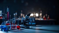 Modern laboratory workspace with microscope, colorful chemical solutions in glassware, and laptop computer for scientific research and analysis.