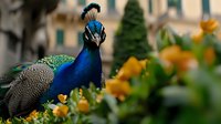 Male Indian peafowl displaying vibrant blue plumage and crown feathers among yellow flowers in garden setting, selective focus creates dreamy natural atmosphere.