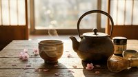Traditional Japanese tea ceremony setup with cast iron teapot and ceramic cups on wooden table in sunlit room with cherry blossoms for mindful meditation.